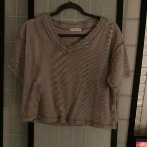 Lush Taupe Ribbed V-Neck Short Sleeve Top